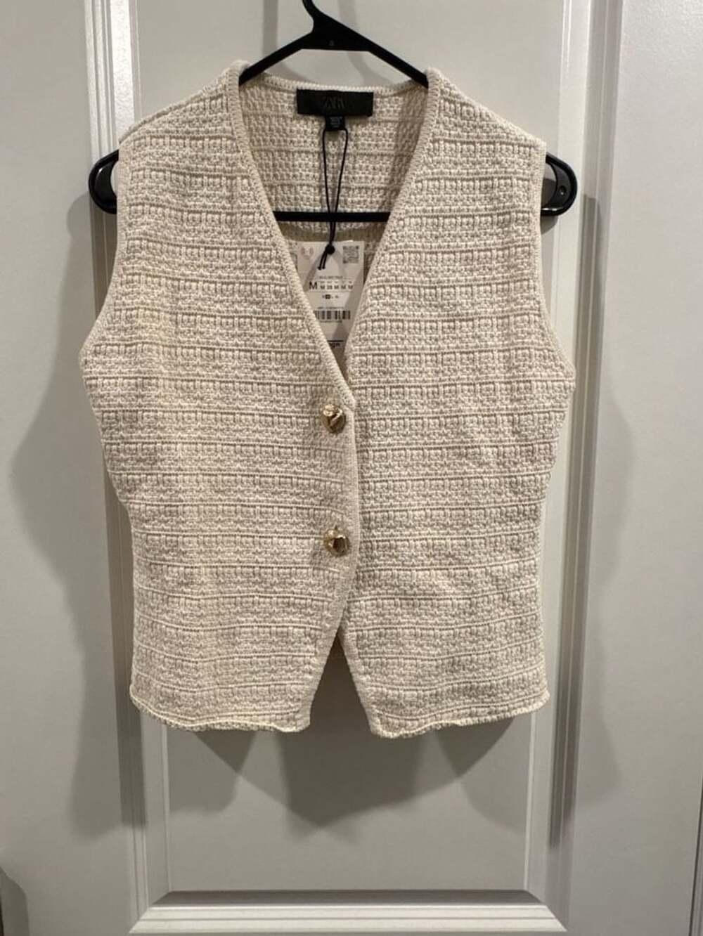 Zara Textured Knit Vest with Gold Buttons Cream Size M